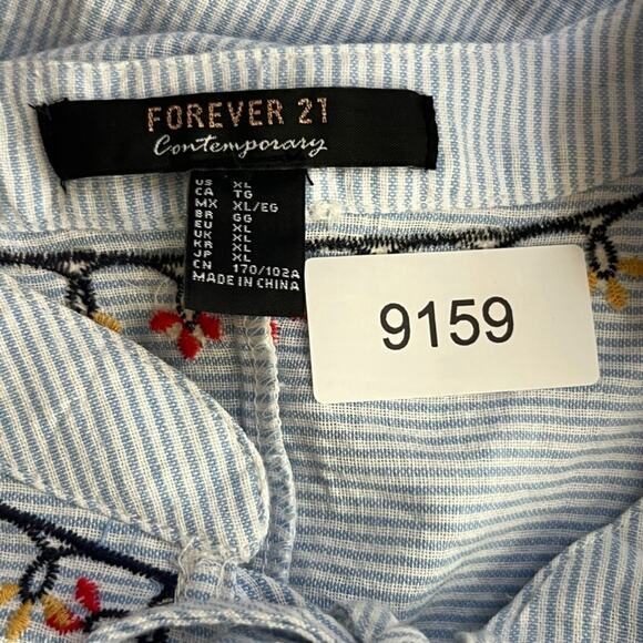 Forever 21 Dress Women's XL Blue and White Striped Cotton Embroidered Peasant - Picture 4 of 7